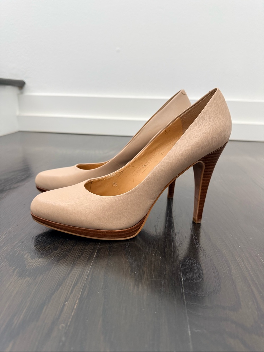 Nine West Leather Beige Platform Stacked High Heel Pumps